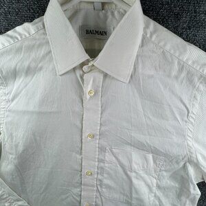 Balmain Paris Long Sleeve Button Up Shirt Size 3 (40) White Striped Cotton Logo